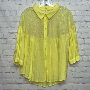 Free People Lace Combo Button Down Top